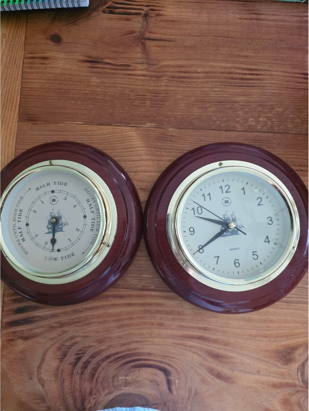 Vintage Nautical Tide Clock and Wall Clock Set with Wooden Frames
